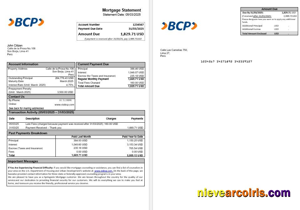 Peru Banco de Credito (BCP) mortgage statement
